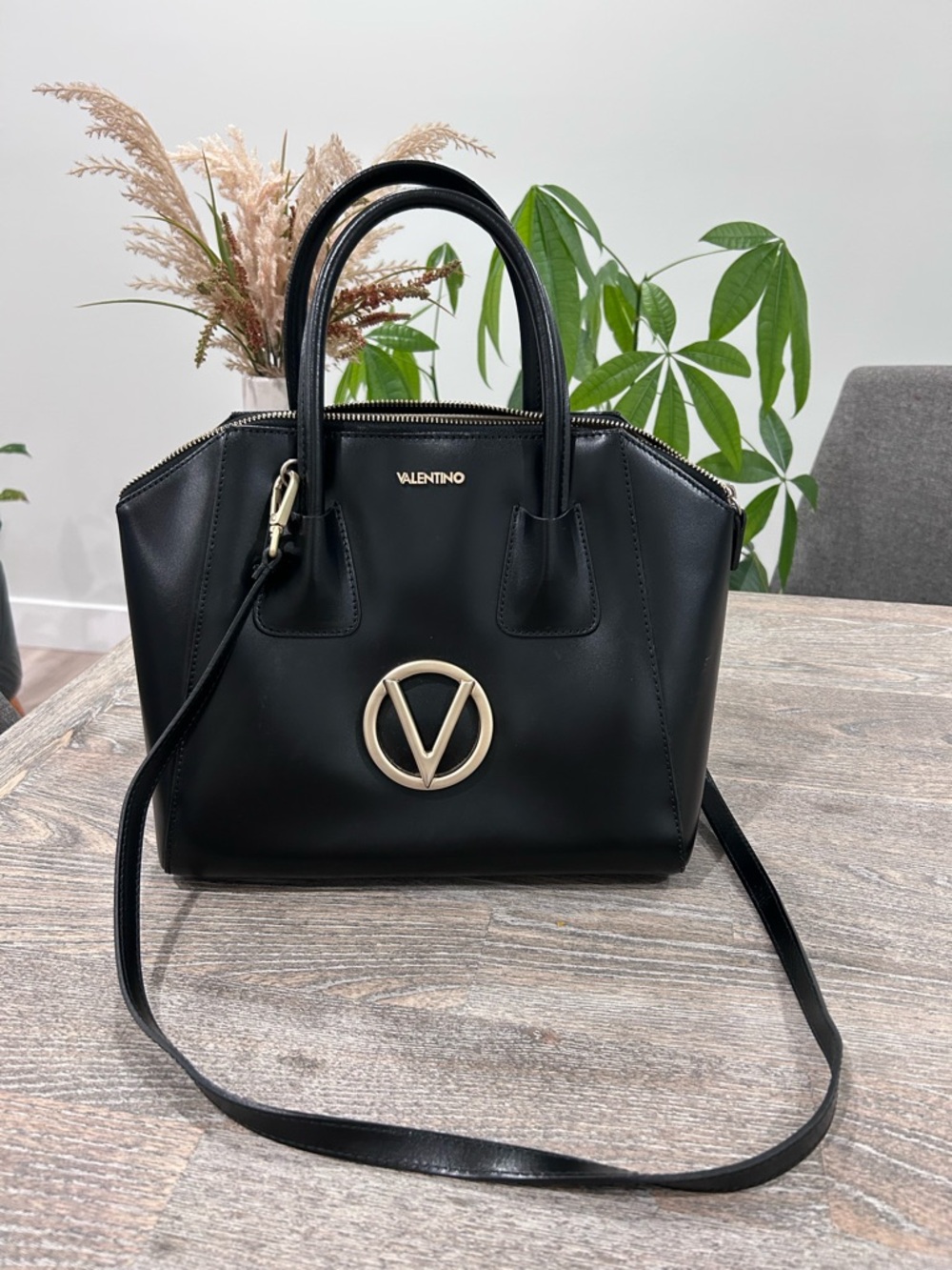 Valentino Black Leather Top-handled Hand Bag- with Crossbody Strap